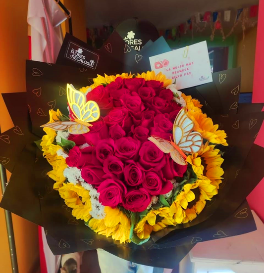 Ramo buchón gigante de rosas y girasoles
